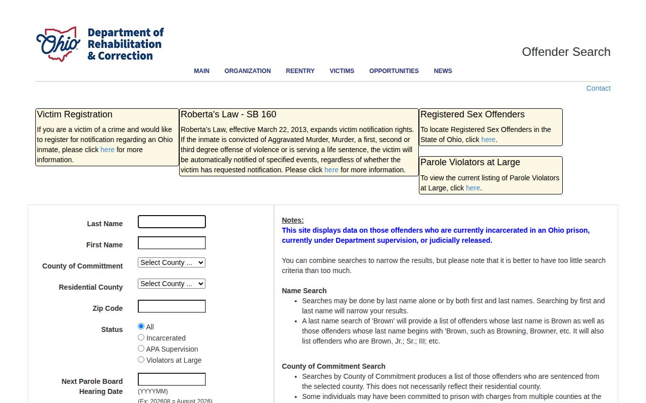 ODRC Ohio released inmate offender search form