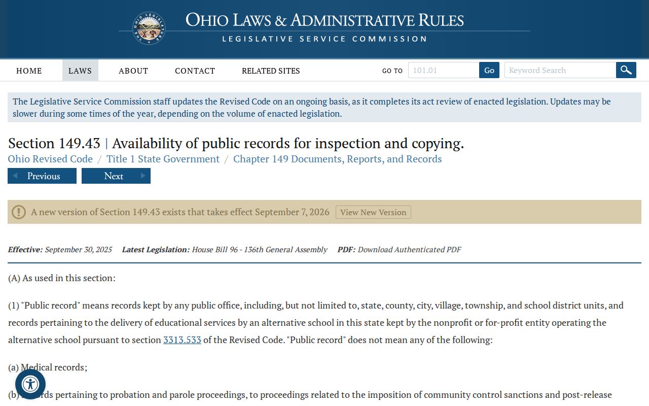 Ohio Revised Code public records law for release records