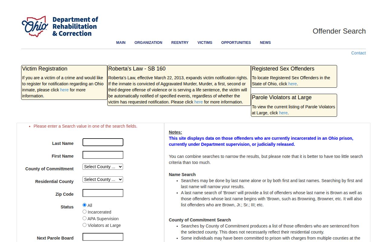 ODRC monthly results for an Ohio parole hearing calendar search